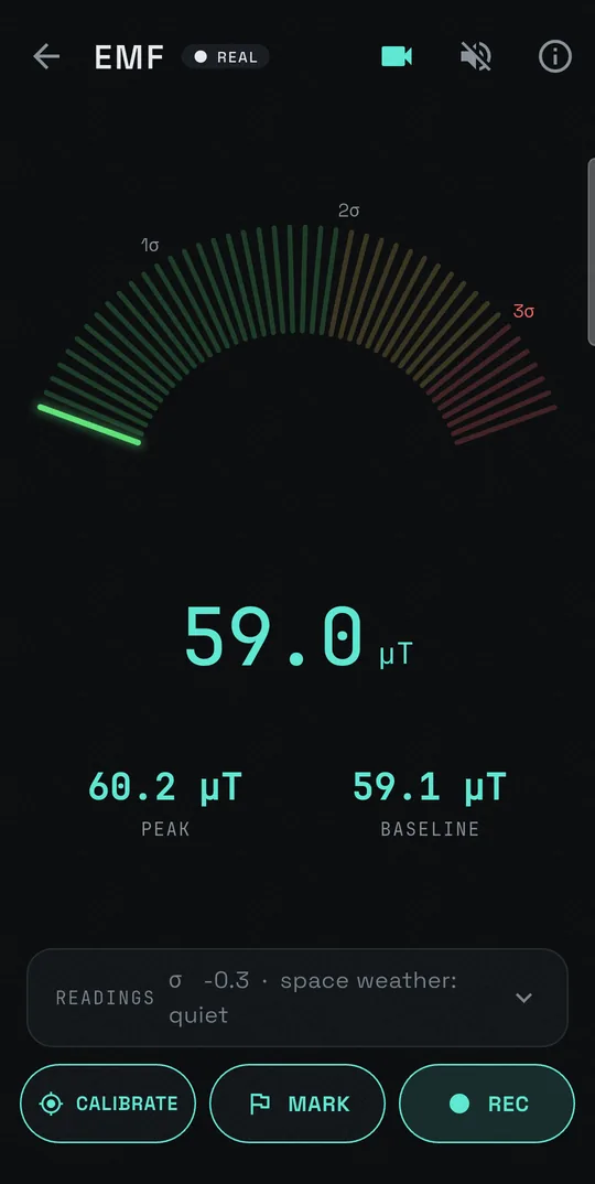 The EMF meter showing a live reading, a learned baseline and a standard-deviation gauge.