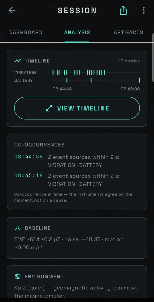 The analysis screen listing moments when more than one sensor reacted.